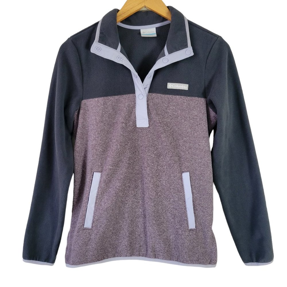 Columbia Womens Fleece Pullover Gray Purple Snaps Size XS